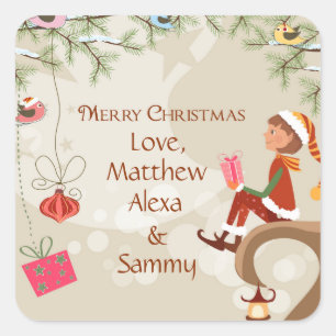 Elf with presents and birds on branches gift tag