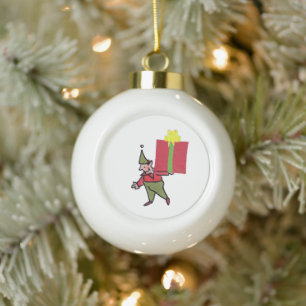 Elf With Red Box ceramic Christmas ball ornament