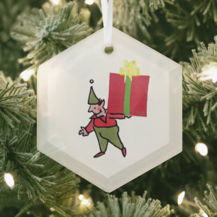 Elf With Red Box hexagon glass ornament