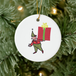 Elf With Red Box round ceramic ornament