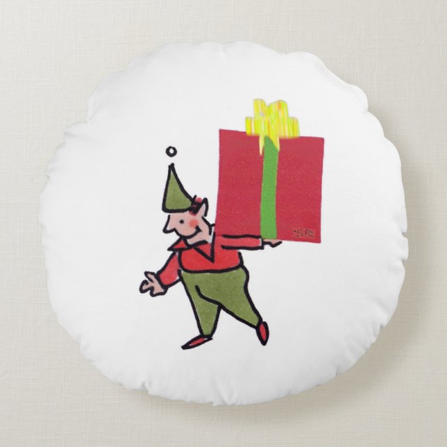 Elf With Red Box round poly pillow (Front)