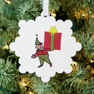 Elf With Red Box snowflake paper ornament Card