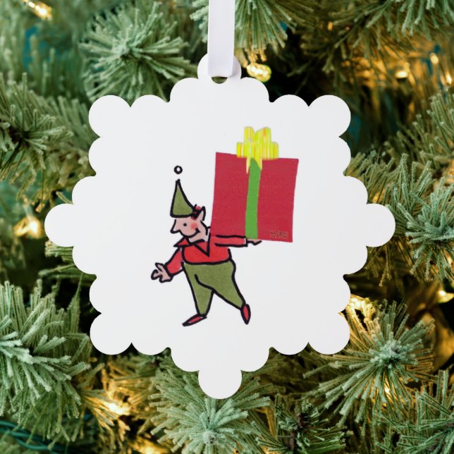 Elf With Red Box snowflake paper ornament Card (Insitu (Tree))