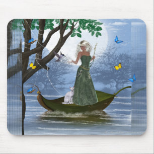 Elf with White Cat Riding on a Leaf Mousepad