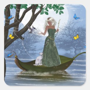 Elf with White Cat Riding on a Leaf Stickers 2