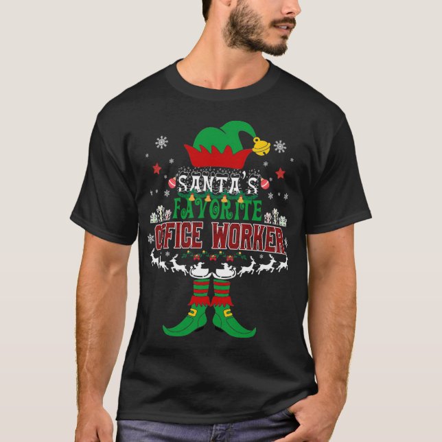Elf Xmas Gift Santa's Favourite Office Worker Ugly T-Shirt (Front)