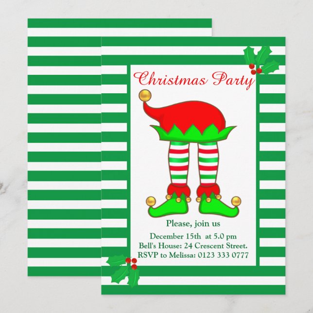 Elfe de Noël sur Green White Party Invitation (Devant / Derrière)