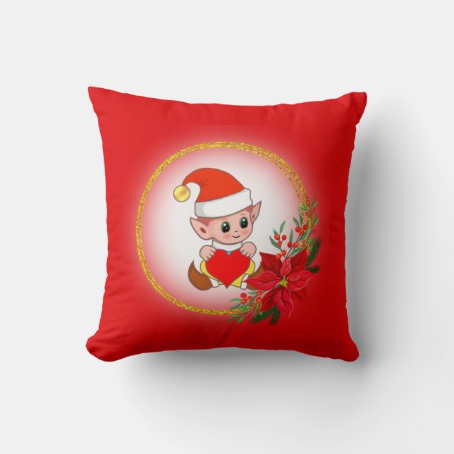 Elfe de Noël sur oreiller à lancer rouge (Recto)