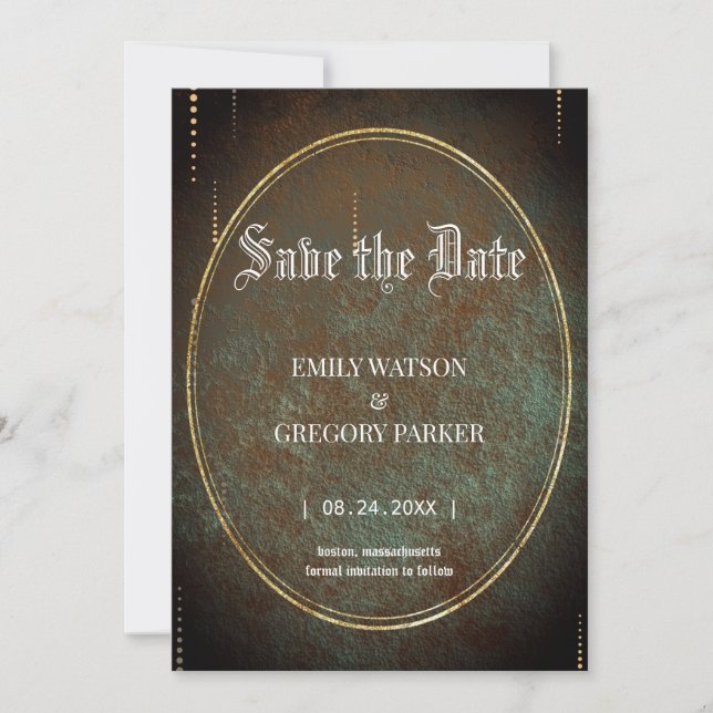 Elgant Gothic teal rust gold framed Save The Date (Front)