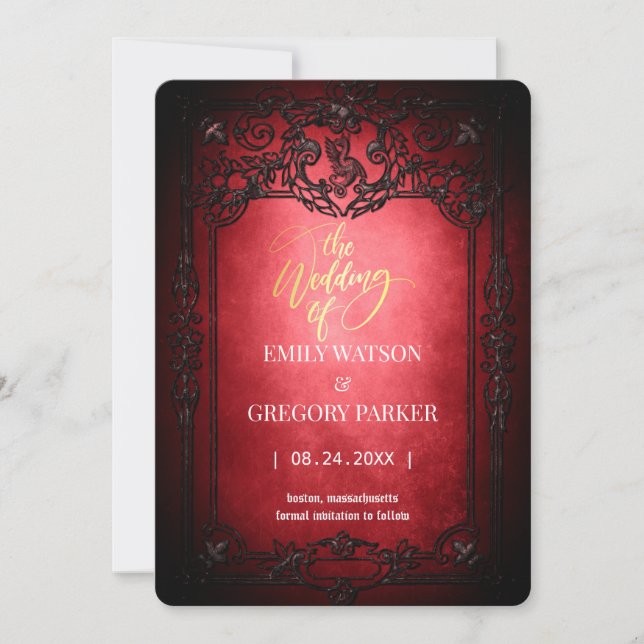 Elgant Gothic Teal Rust Red Framed Save The Date (Front)