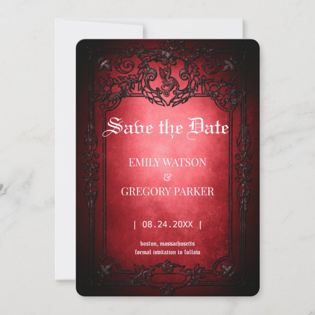 Elgant Gothic Teal Rust Red Framed Save The Date (Front)