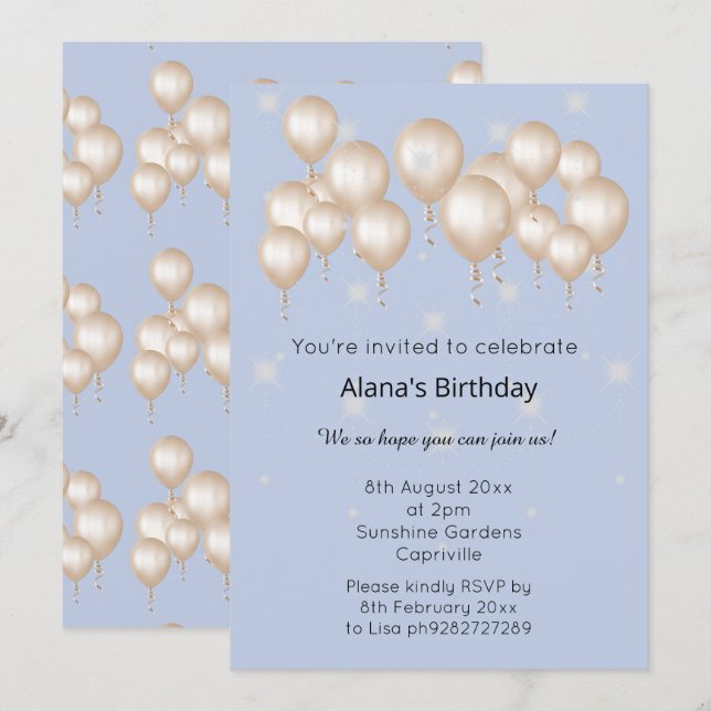 ELGANT MODERN BALLOON LIGHT BLUE BIRTHDAY INVITATION (Front/Back)