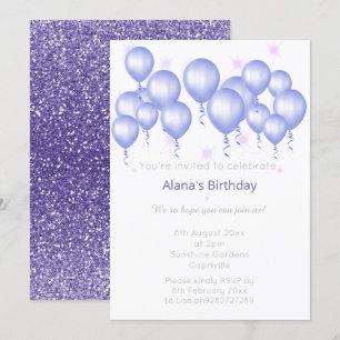 ELGANT MODERN BALLOON PURPLE GLITTER  BIRTHDAY INVITATION