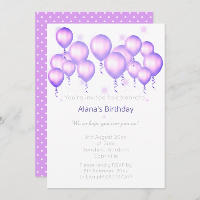ELGANT MODERN BALLOON PURPLE SPOT BIRTHDAY INVITATION (Front/Back)
