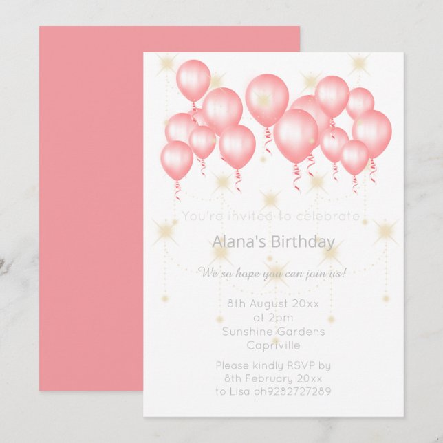 ELGANT MODERN BALLOON ROSE PINK REVERSE BIRTHDAY INVITATION (Front/Back)
