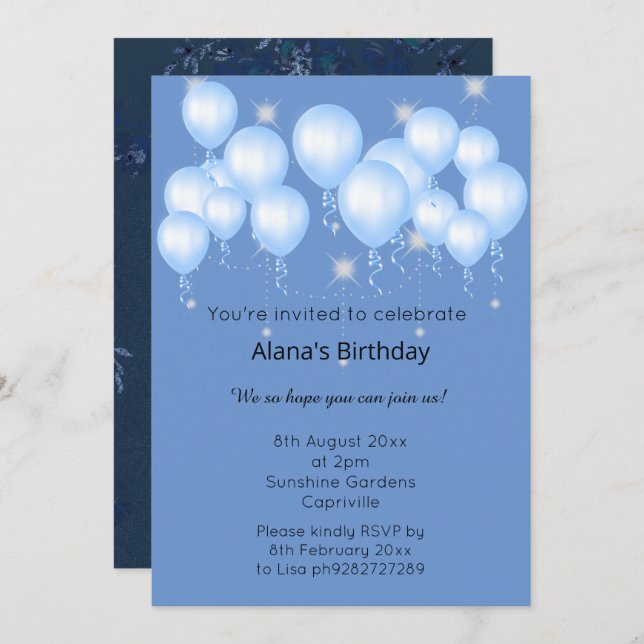 ELGANT NAVY MODERN SPRING BALLOON Sparkle Invitation (Front/Back)