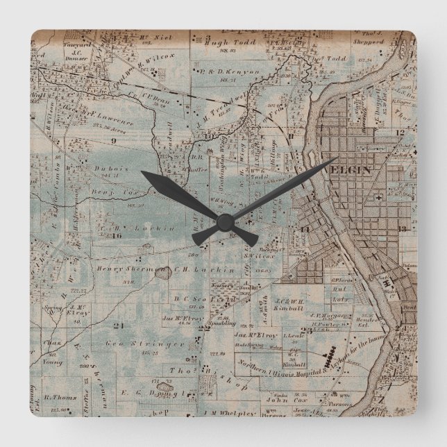 Elgin Illinois 1870 Plat Map Fox River Downtown Square Wall Clock (Front)