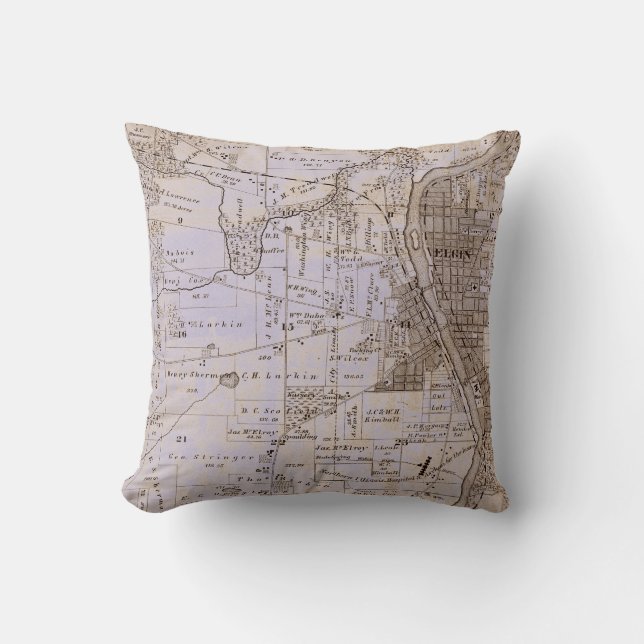 Elgin Illinois 1870 Plat Map Fox River Downtown Throw Pillow (Front)