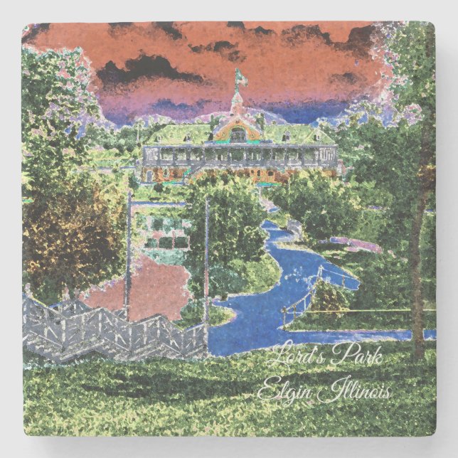ELGIN ILLINOIS LORDS PARK PAVILION 1920'S ART VIEW STONE COASTER (Front)