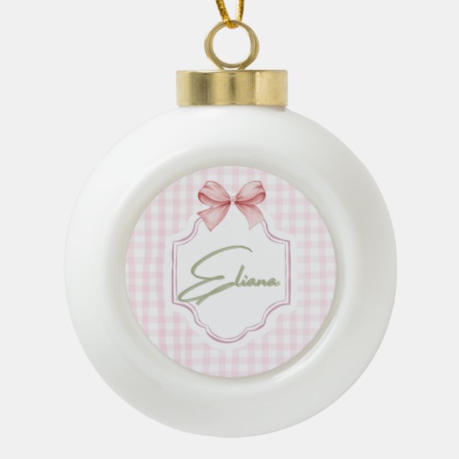 Eliana Personalized Pink Bow & Gingham Print  Ceramic Ball Christmas Ornament (Front)