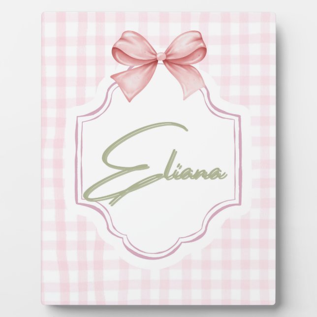 Eliana Personalized Pink Bow & Gingham Print  Plaque (Front)