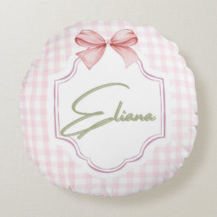 Eliana Personalized Pink Bow & Gingham Print Round Pillow