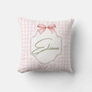 Eliana Personalized Pink Bow & Gingham Print Throw Pillow