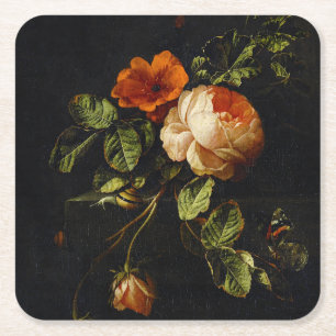 Elias van den Broeck, Still Life with Roses Square Paper Coaster