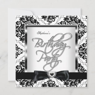 Elite Damask Silver Black White Birthday Party Invitation