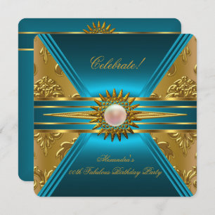 Elite Damask Teal Blue Gold Floral Party 2 Invitation