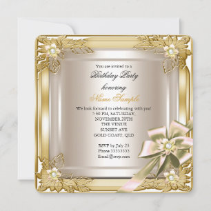 Elite Elegant Birthday Party Gold Cream Bow Invitation