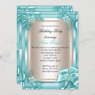 Elite Elegant Birthday Party Teal Cream Bow 2 Invitation