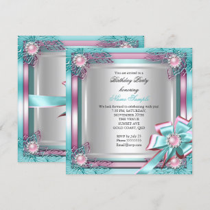 Elite Elegant Birthday Party Teal Pink Silver 2 Invitation