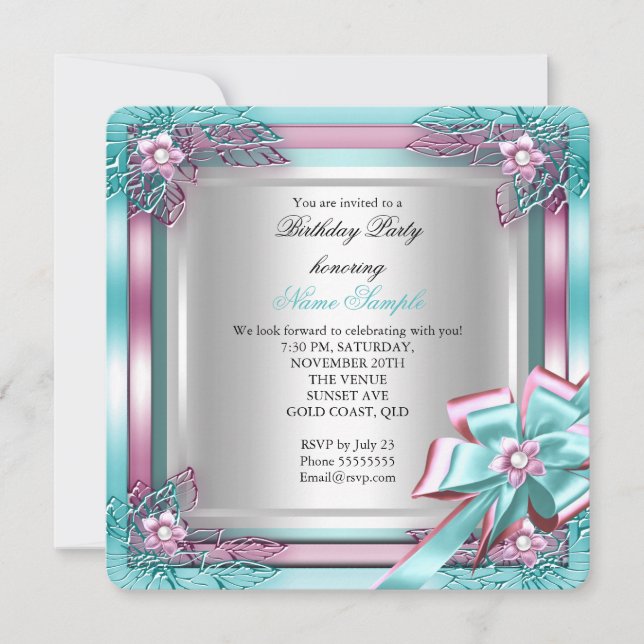 Elite Elegant Birthday Party Teal Pink Silver Invitation (Front)