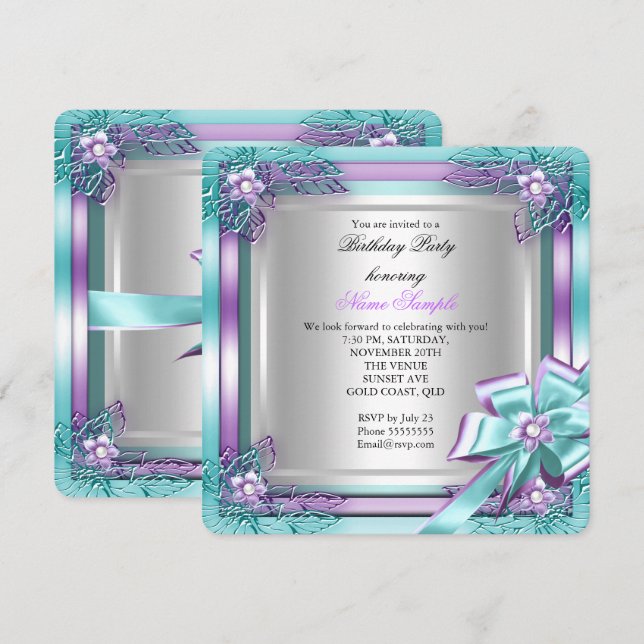 Elite Elegant Birthday Party Teal Purple Silver Invitation (Front/Back)