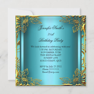Elite Elegant Birthday Teal Gold Black Damask Invitation