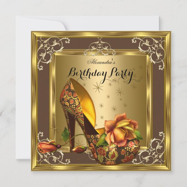 Elite Gold Brown Roses High Heels Birthday Party Invitation (Front)