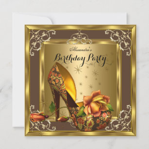 Elite Gold Brown Roses High Heels Birthday Party Invitation