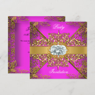 Elite Hot Pink Gold Damask Birthday Party Invitation