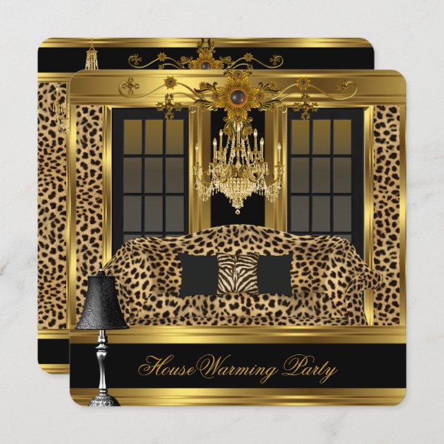 Elite Housewarming Party Chandelier Leopard Gold Invitation (Front/Back)