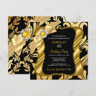 Elite Pearl Gold Bow Black Damask Birthday Invite