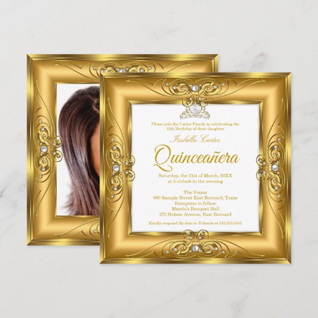 Elite Quinceanera 15th Gold Pearl Gem Tiara Photo Invitation (Front/Back)