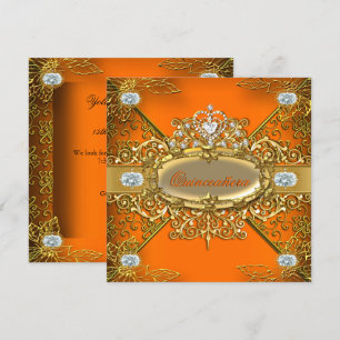 Elite Quinceanera Orange Gold Damask 15th Party Invitation