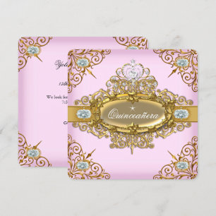 Elite Quinceanera Pink Gold Damask 15th Party Invitation