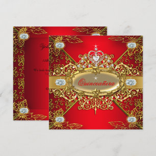 Elite Quinceanera Regal Red Gold Damask 15th Party Invitation