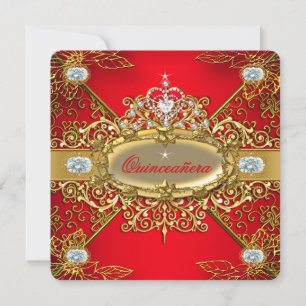 Elite Quinceanera Regal Red Gold Damask 15th Party Invitation