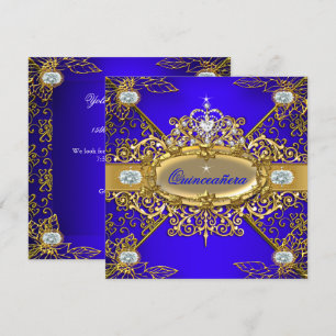 Elite Quinceanera Royal Blue Gold Damask 15th 2 Invitation