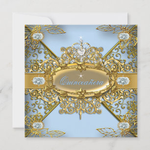 Elite Quinceanera Soft Blue Gold Damask 15th Invitation