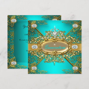 Elite Quinceanera Teal Blue Gold Damask 15th Party Invitation