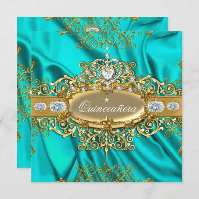 Elite Quinceanera Teal Silk Silver Gold Party Invitation (Front/Back)